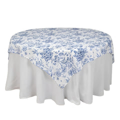 Polyester 70"x70" Table Overlay White - Blue French Toile Pattern for Stylish Events